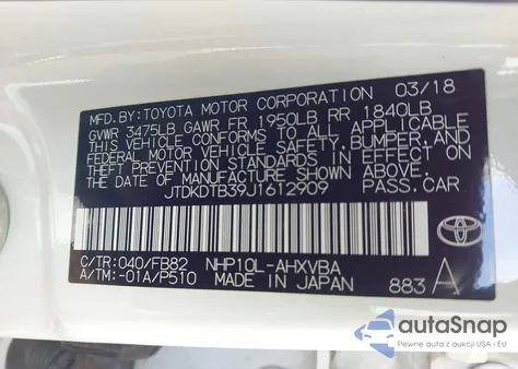 2018 Toyota Prius C Two из США, поврежденный, VIN JTDKDTB39J1612909